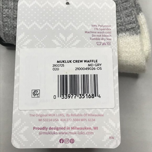 Muk Luks Women’s Crew Waffle Boot Socks Size 6-11 Gray/Cream New - Picture 5 of 5